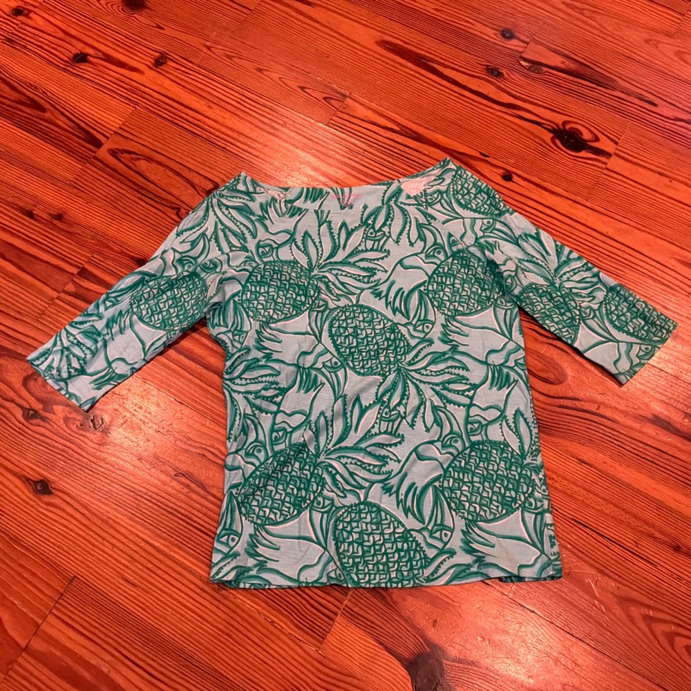 Lilly Pulitzer Etta Top XL Blue Green Pineapple Toucan Print Stretch Cotton Slub